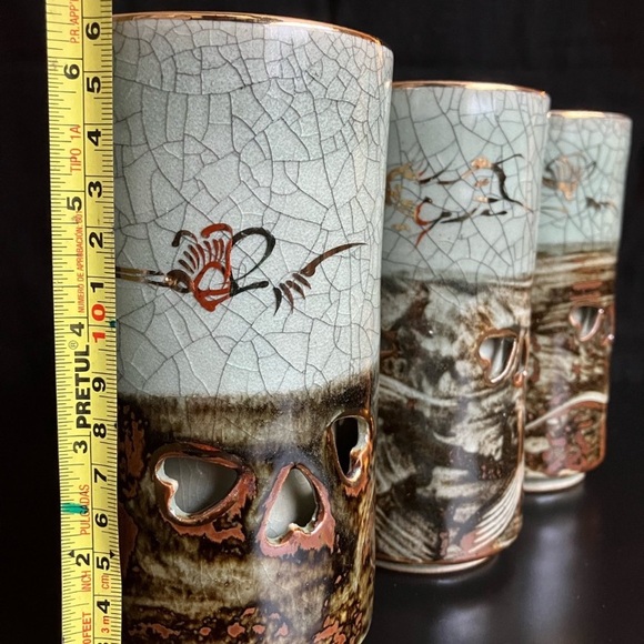 Somayaki Somaware Double Walled Tea Cups Tall Made in Japan Set of 3 - Picture 6 of 6